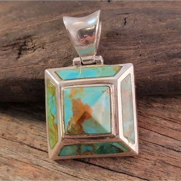 Sterling Gold Matrix Blue Green Turquoise Pyramid Pendant - Picture 2 of 9